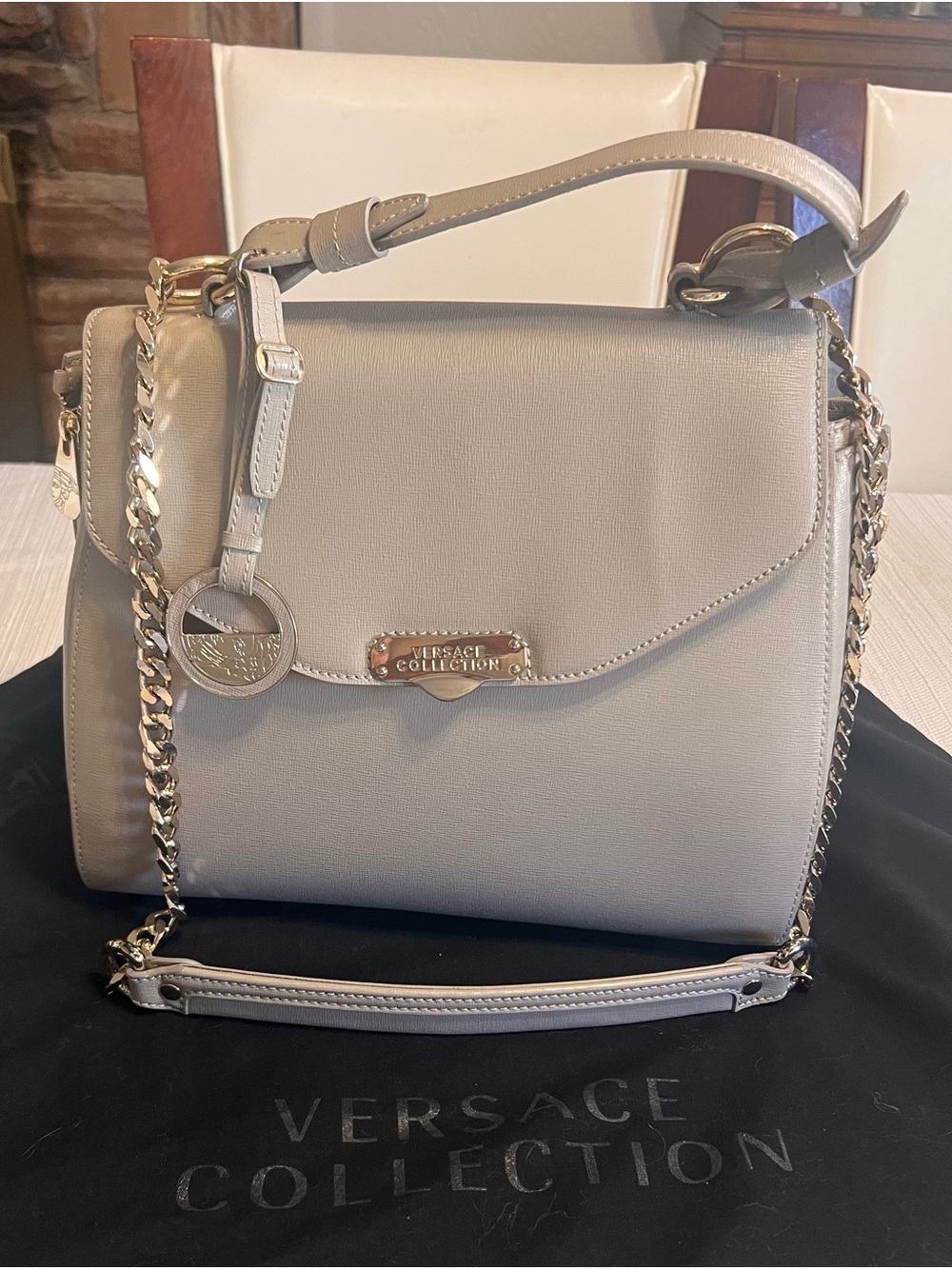 Versace Collection Light Cream Leather Shoulder Bag with Gold Chain